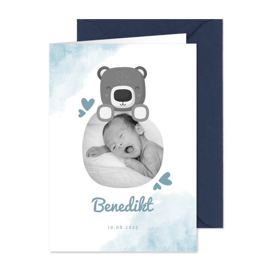 Geburtskarte blau Wasserfarbe mit Foto & Bär - Karteneindruck
