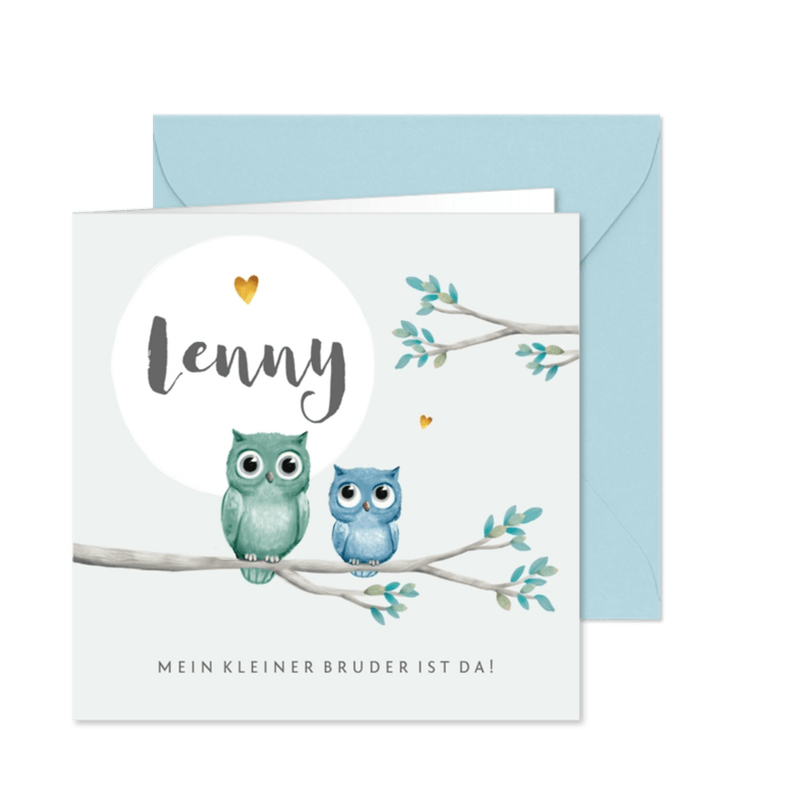 Geburtskarte blaue Eule kleiner Bruder - Karteneindruck
