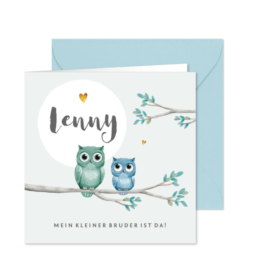 Geburtskarte blaue Eule kleiner Bruder - Karteneindruck