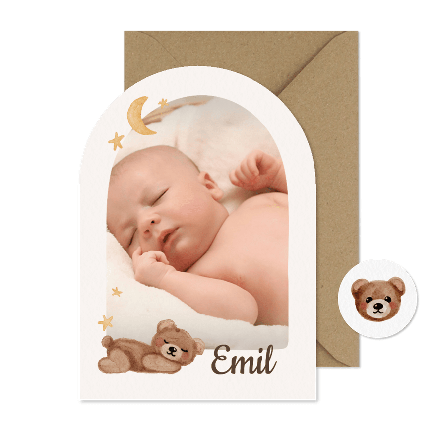 Geburtskarte Bogen Foto Teddybär Sterne und Mond - Kartenvorschau