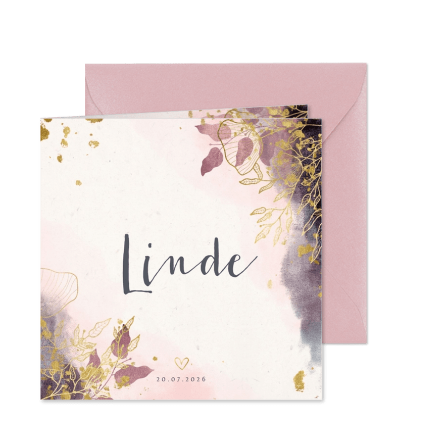 Geburtskarte botanisch Aquarelloptik rosé - Karteneindruck
