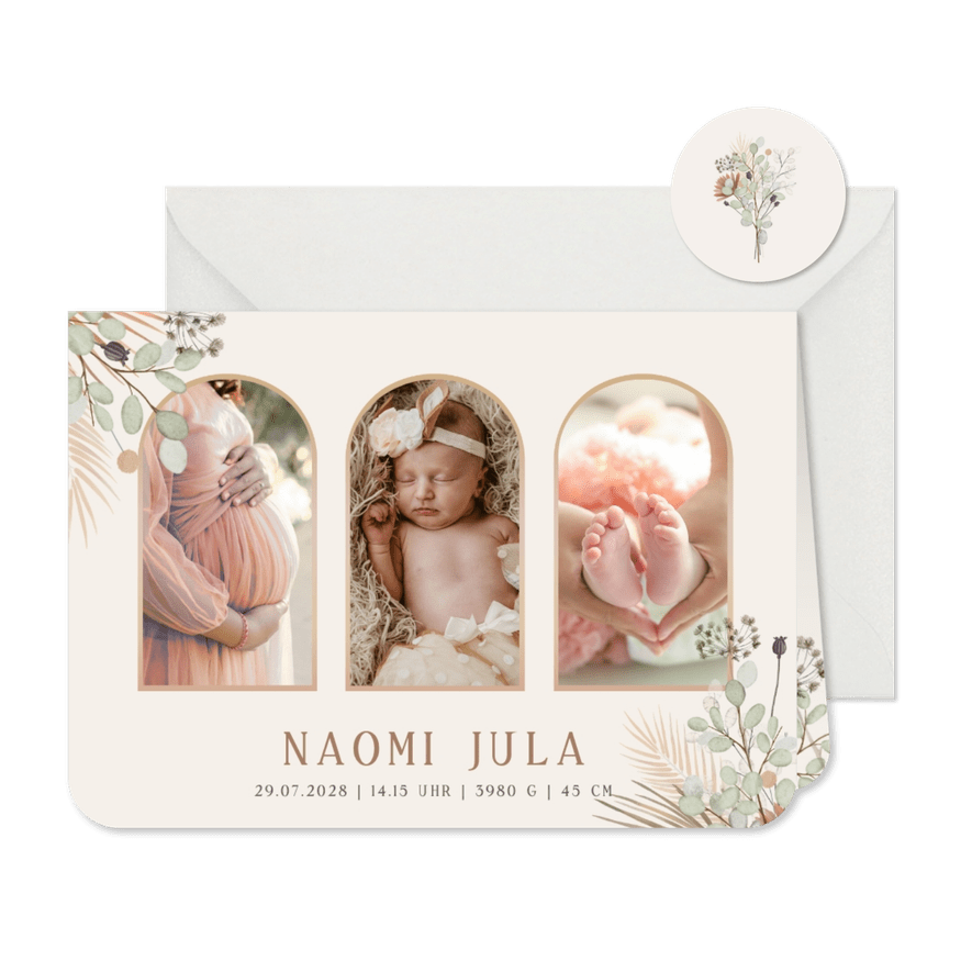 Geburtskarte botanisch, Trockenblumen und Fotocollage - Karteneindruck