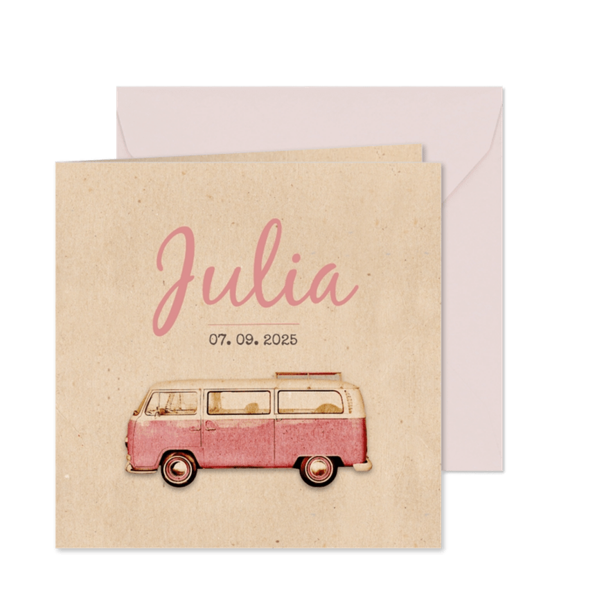 Geburtskarte Bulli Kraftpapier rosa Foto innen - Karteneindruck