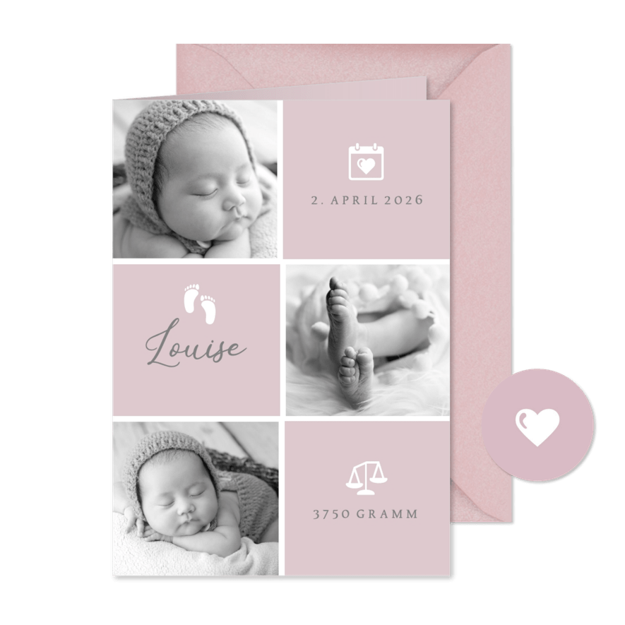 Geburtskarte / Dankeskarte altrosa Fotocollage grafisch - Karteneindruck

