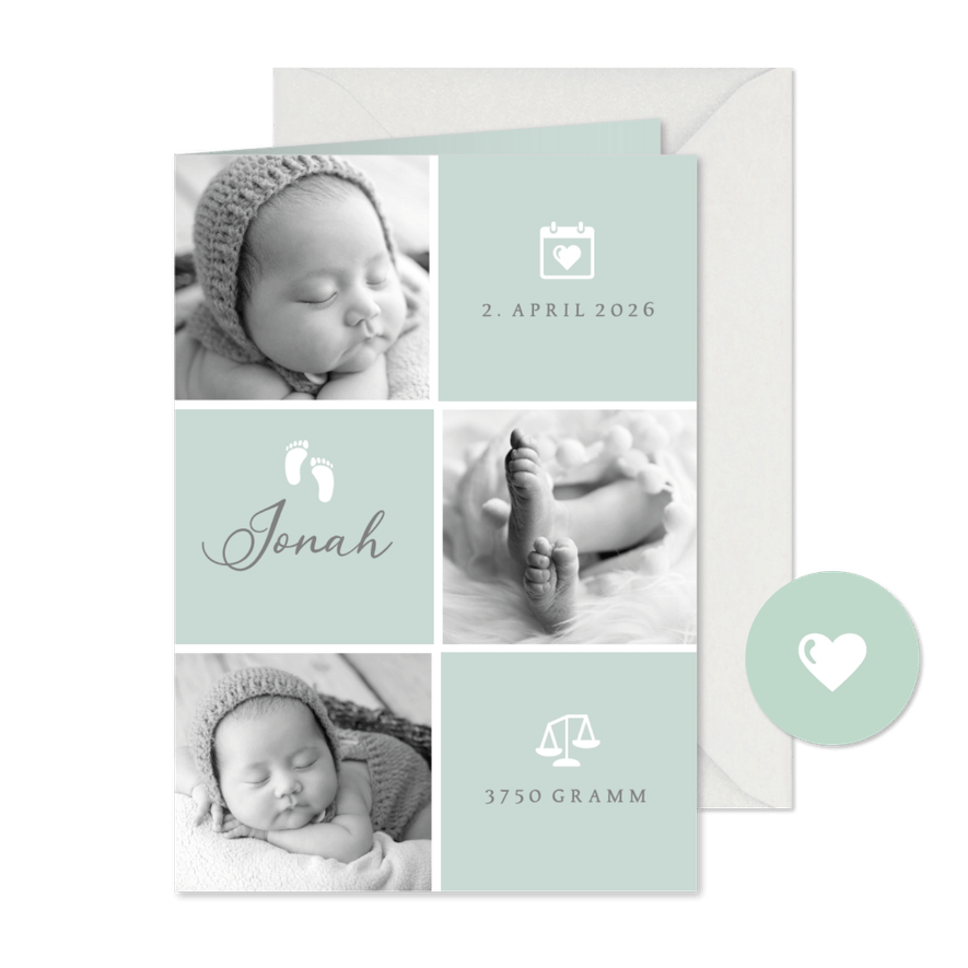 Geburtskarte / Dankeskarte grün Fotocollage grafisch - Karteneindruck