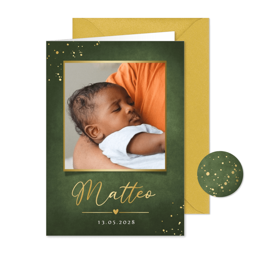 Geburtskarte dunkelgrün, Golddruck & Foto - Karteneindruck