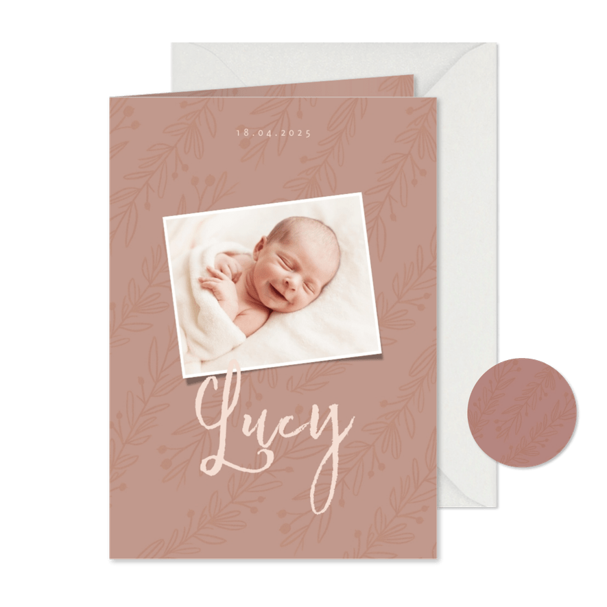 Geburtskarte eigenes Foto altrosa Zweige - Karteneindruck