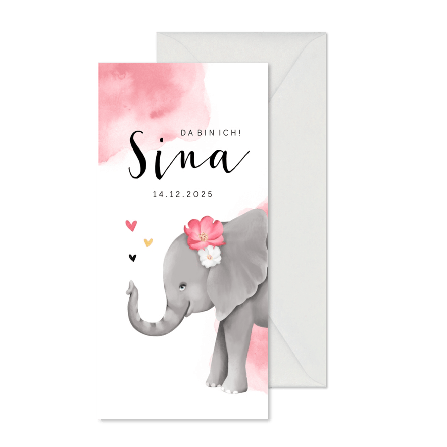 Geburtskarte Elefant mit Blumen - Karteneindruck
