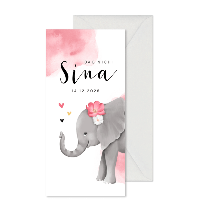 Geburtskarte Elefant mit Blumen - Karteneindruck
