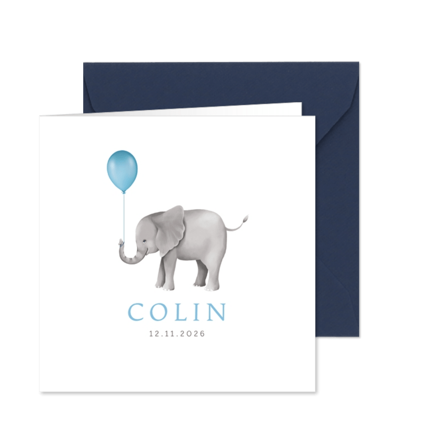Geburtskarte Elefant mit Luftballon blau Foto innen - Kartenvorschau