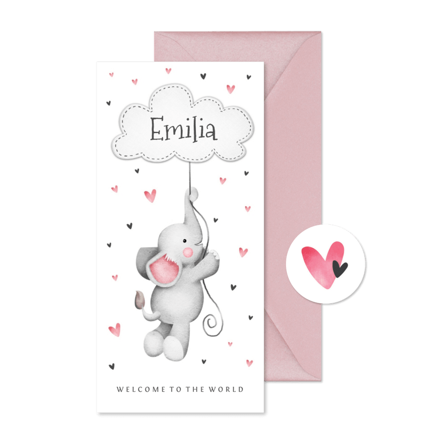 Geburtskarte Elefant mit Wolke & Herzen rosa - Karteneindruck