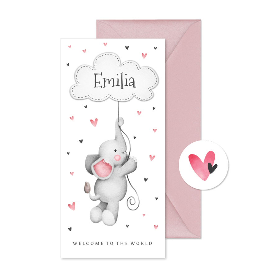 Geburtskarte Elefant mit Wolke & Herzen rosa - Karteneindruck