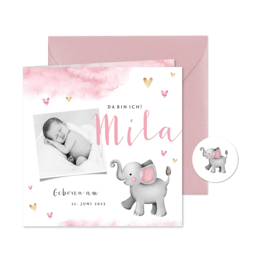 Geburtskarte Elefant Wasserfarbe & Foto - Karteneindruck