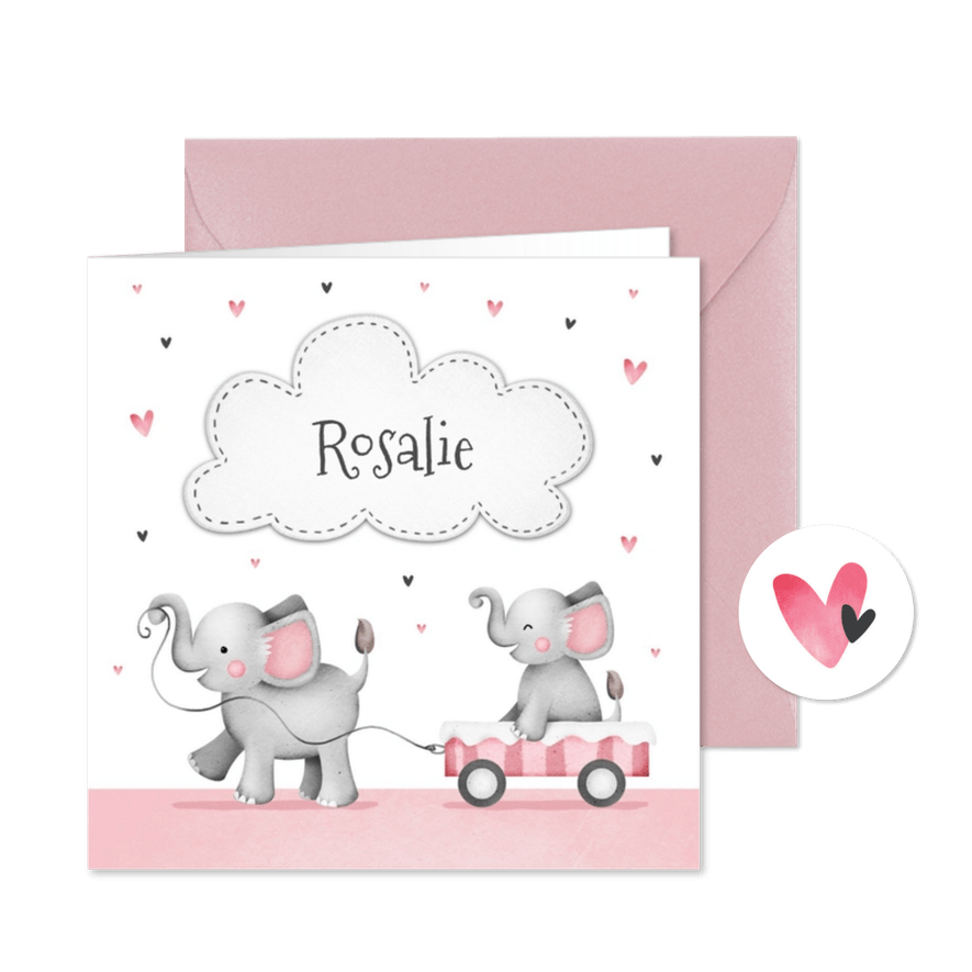 Geburtskarte Elefanten kleine Schwester in Wagen - Karteneindruck
