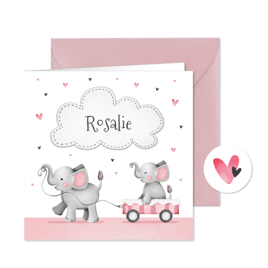 Geburtskarte Elefanten kleine Schwester in Wagen - Karteneindruck