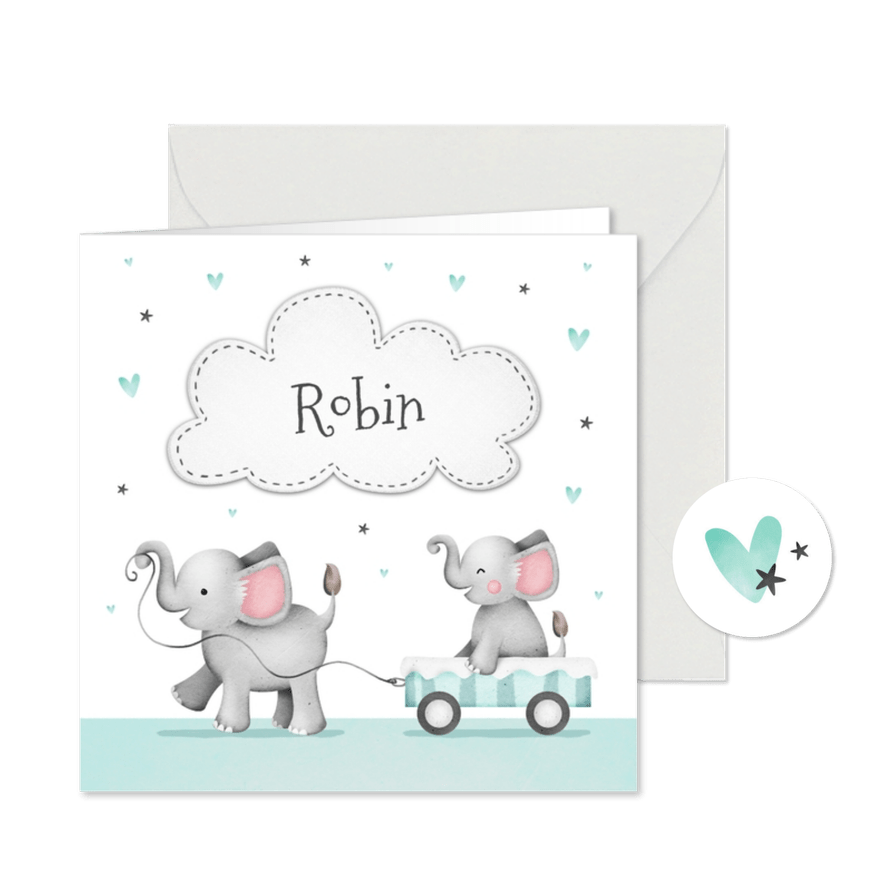 Geburtskarte Elefanten kleiner Bruder in Wagen - Karteneindruck