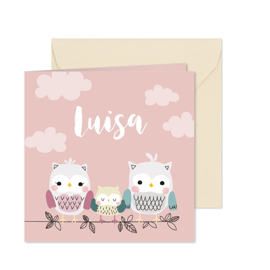 Geburtskarte Eulenfamilie rosa - Karteneindruck
