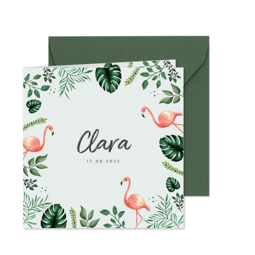 Geburtskarte Flamingo botanisch - Karteneindruck
