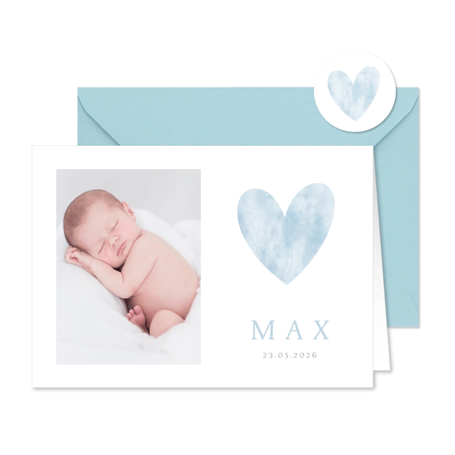 Geburtskarte Foto blaues Herz Aquarell - Karteneindruck