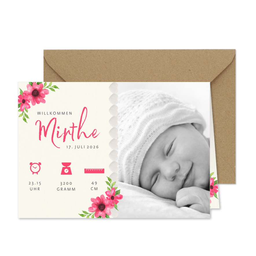 Geburtskarte Foto, Blumen & Symbole - Karteneindruck
