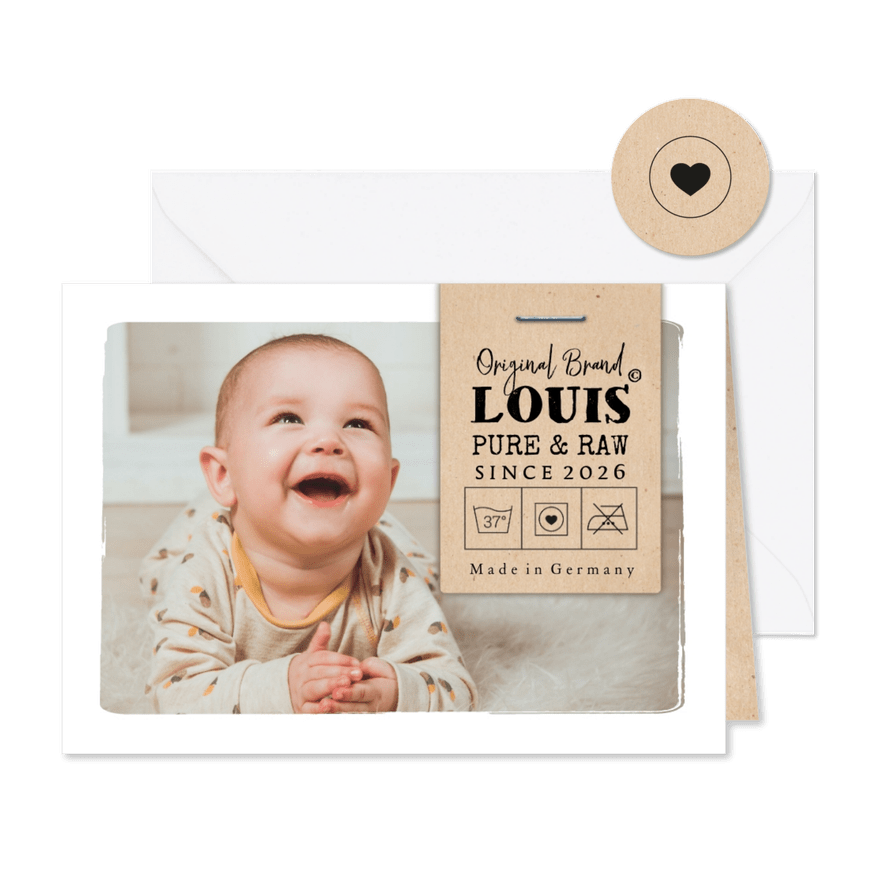 Geburtskarte Foto & Label 'Original Brand' - Karteneindruck
