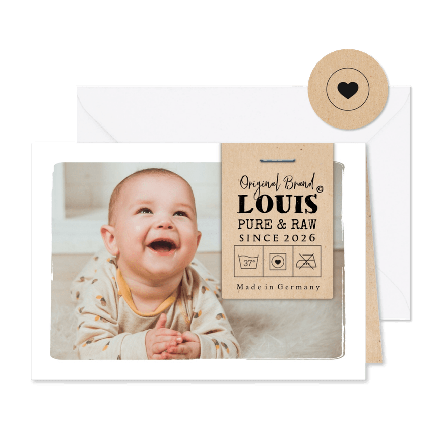 Geburtskarte Foto & Label 'Original Brand' - Karteneindruck
