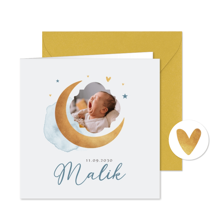 Geburtskarte Foto goldener Halbmond Blau Aquarell - Karteneindruck
