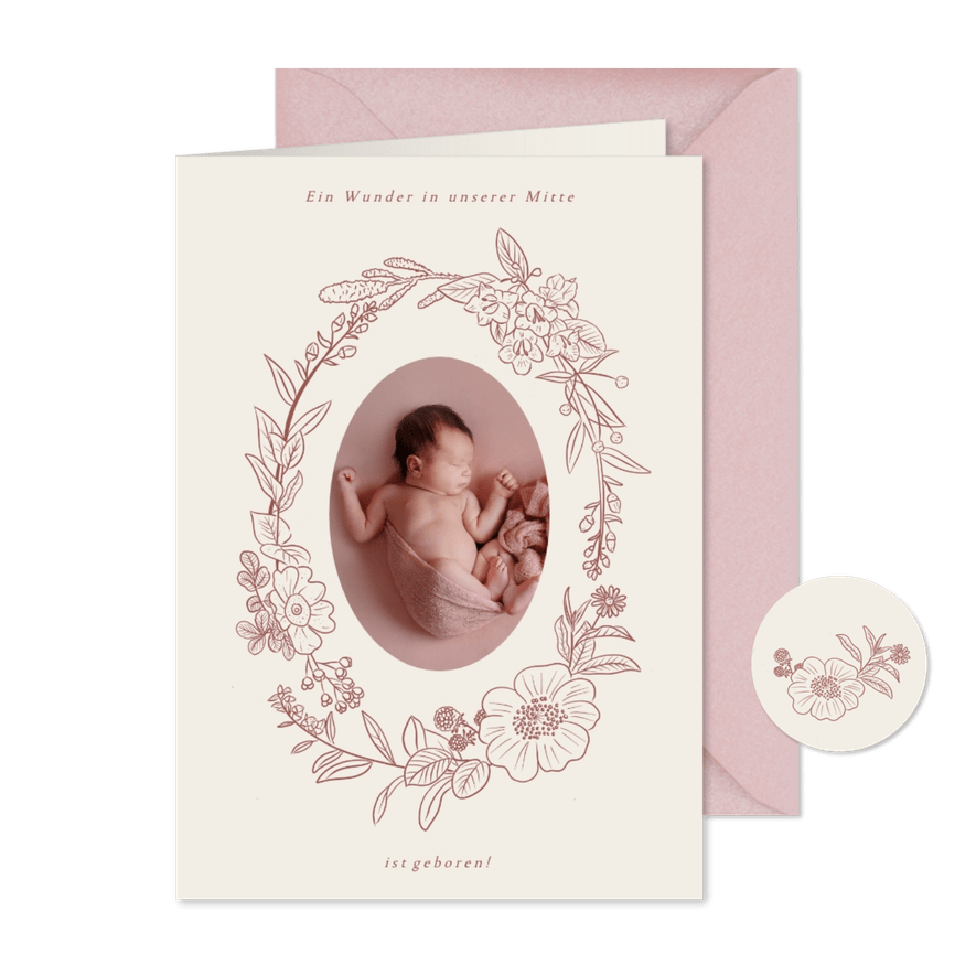 Geburtskarte Foto in Blumenkranz rosé - Karteneindruck