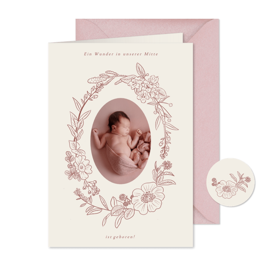 Geburtskarte Foto in Blumenkranz rosé - Karteneindruck