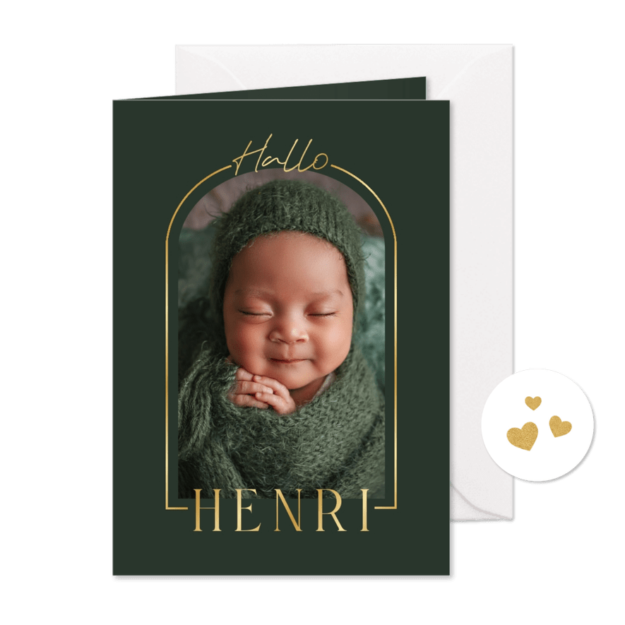 Geburtskarte Foto in Bogenfenster & Goldschrift - Karteneindruck