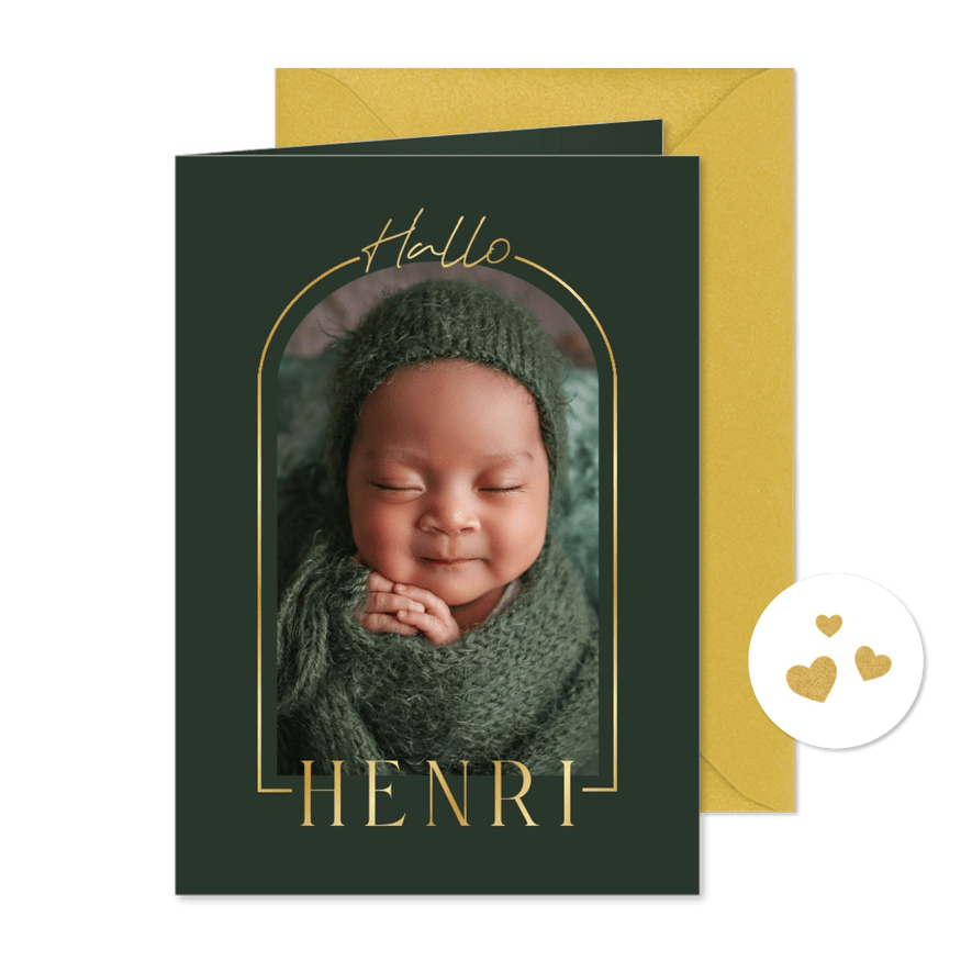 Geburtskarte Foto in Bogenfenster & Goldschrift - Kartenvorschau
