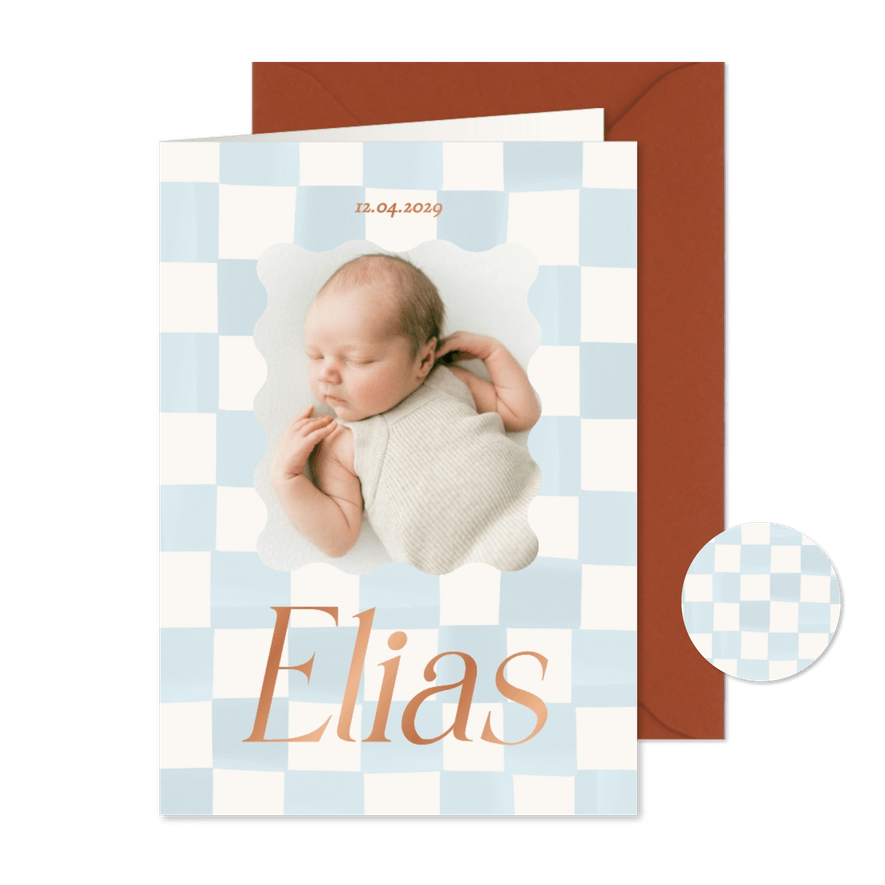 Geburtskarte Foto kariert blaue Blöcke - Karteneindruck