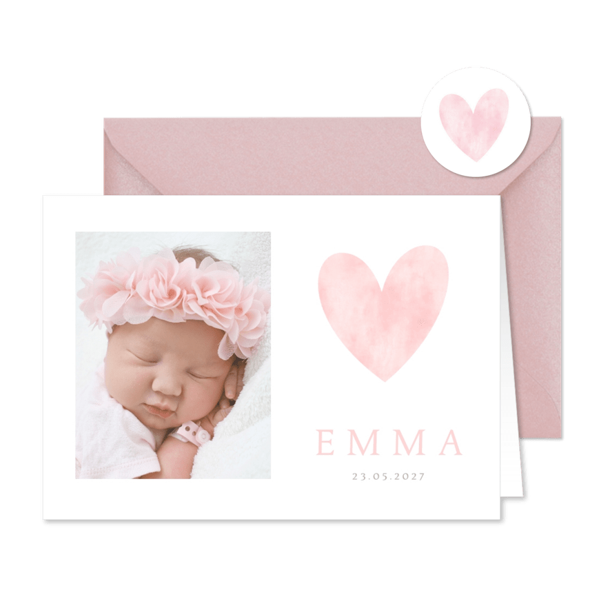 Geburtskarte Foto rosa Herz Aquarell - Karteneindruck
