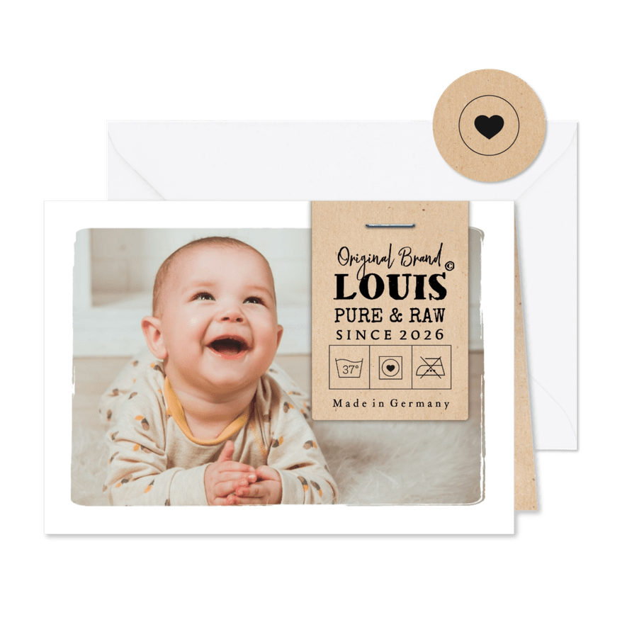 Geburtskarte Foto & Label 'Original Brand' - Kartenvorschau