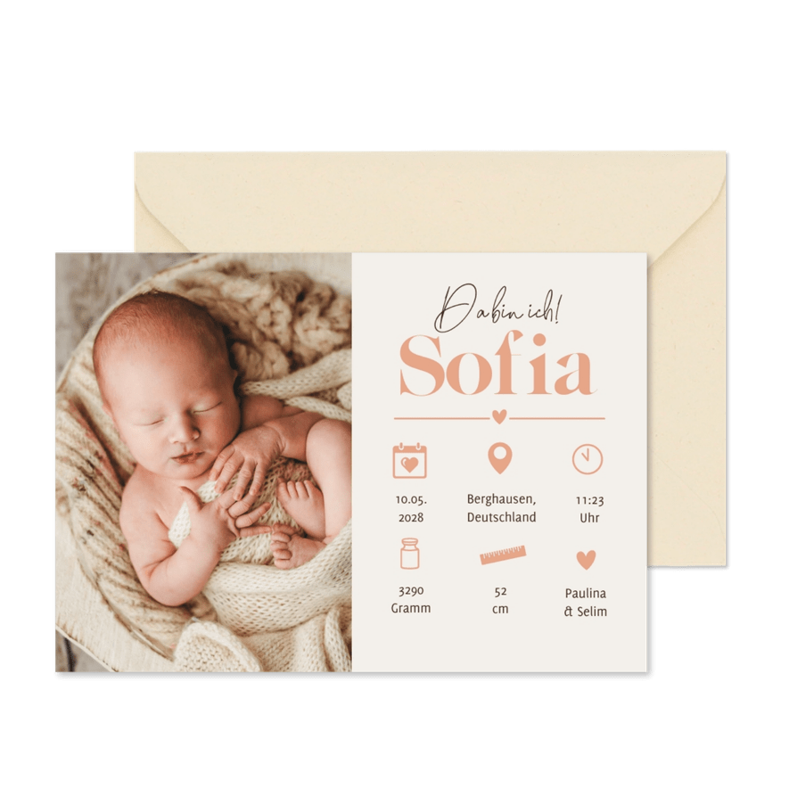 Geburtskarte Foto & Symbole lachsrosa - Karteneindruck