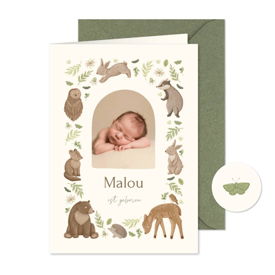 Geburtskarte Foto und Waldtiere - Karteneindruck