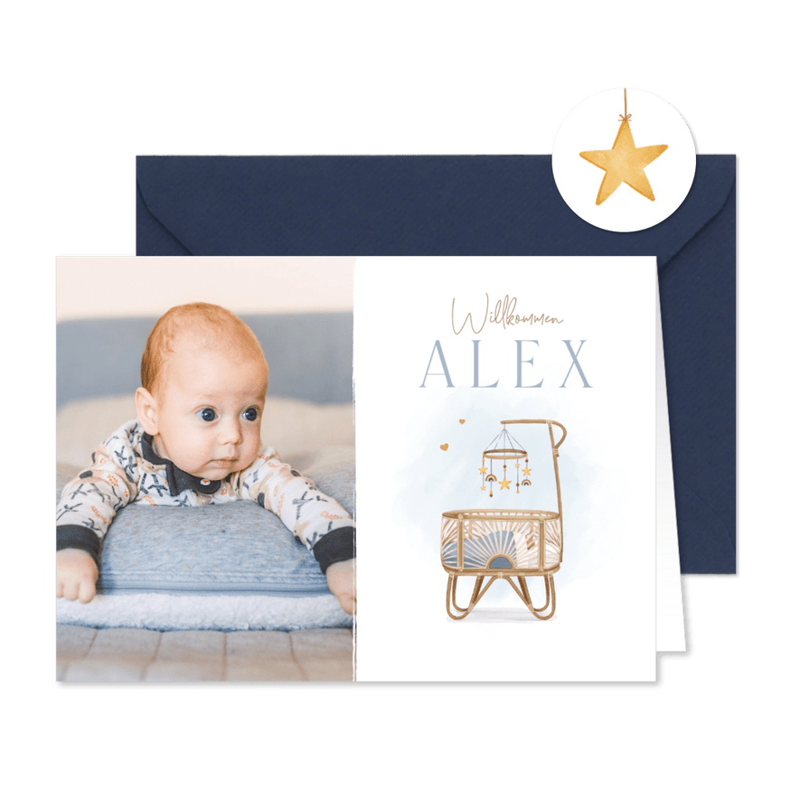 Geburtskarte Foto & Wiege hellblaues Aquarell - Karteneindruck
