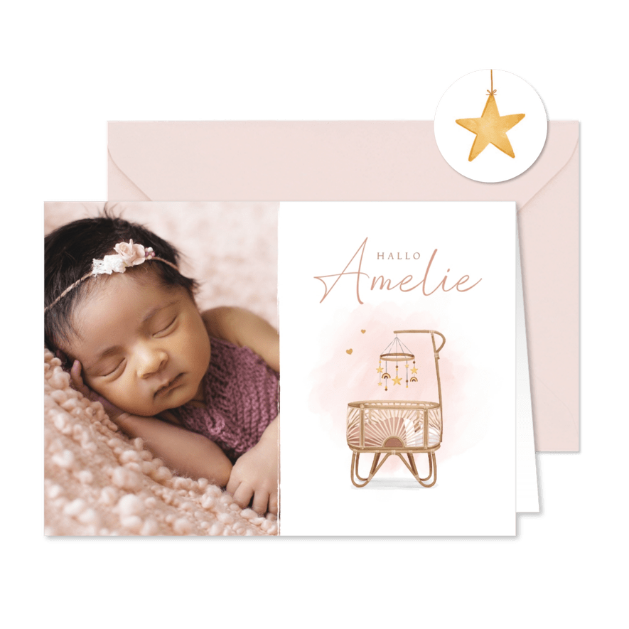 Geburtskarte Foto & Wiege rosa Aquarell - Karteneindruck