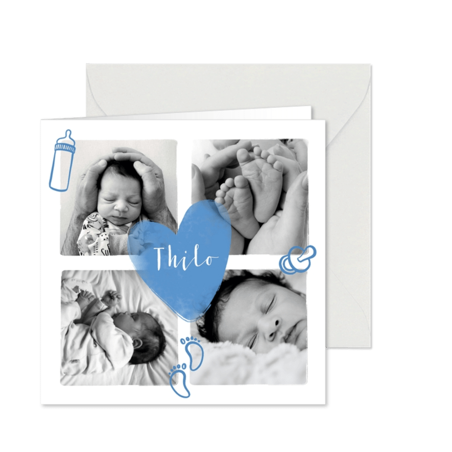 Geburtskarte Fotocollage Herz und Icons - Karteneindruck