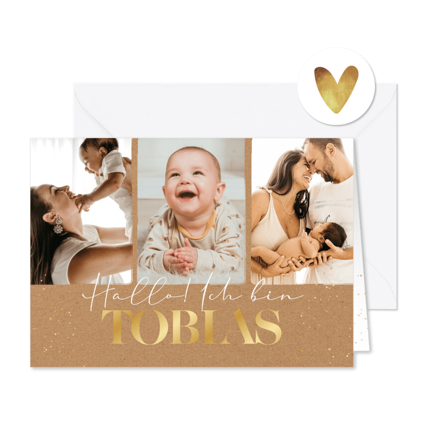 Geburtskarte Fotocollage Kraftpapier & Name Golddruck - Karteneindruck
