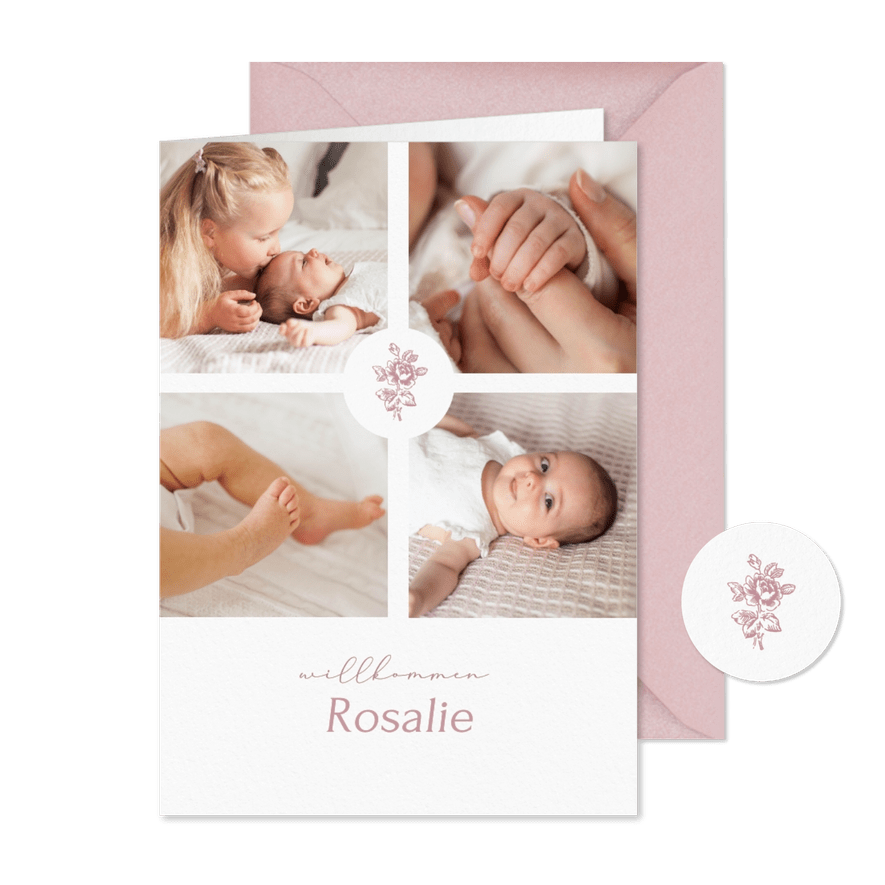 Geburtskarte Fotocollage mit kleiner Rose - Karteneindruck

