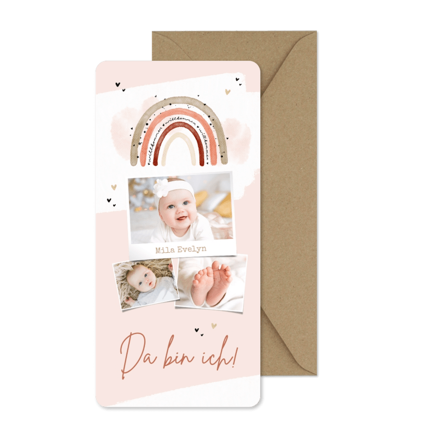 Geburtskarte Fotocollage Regenbogen rosa - Karteneindruck