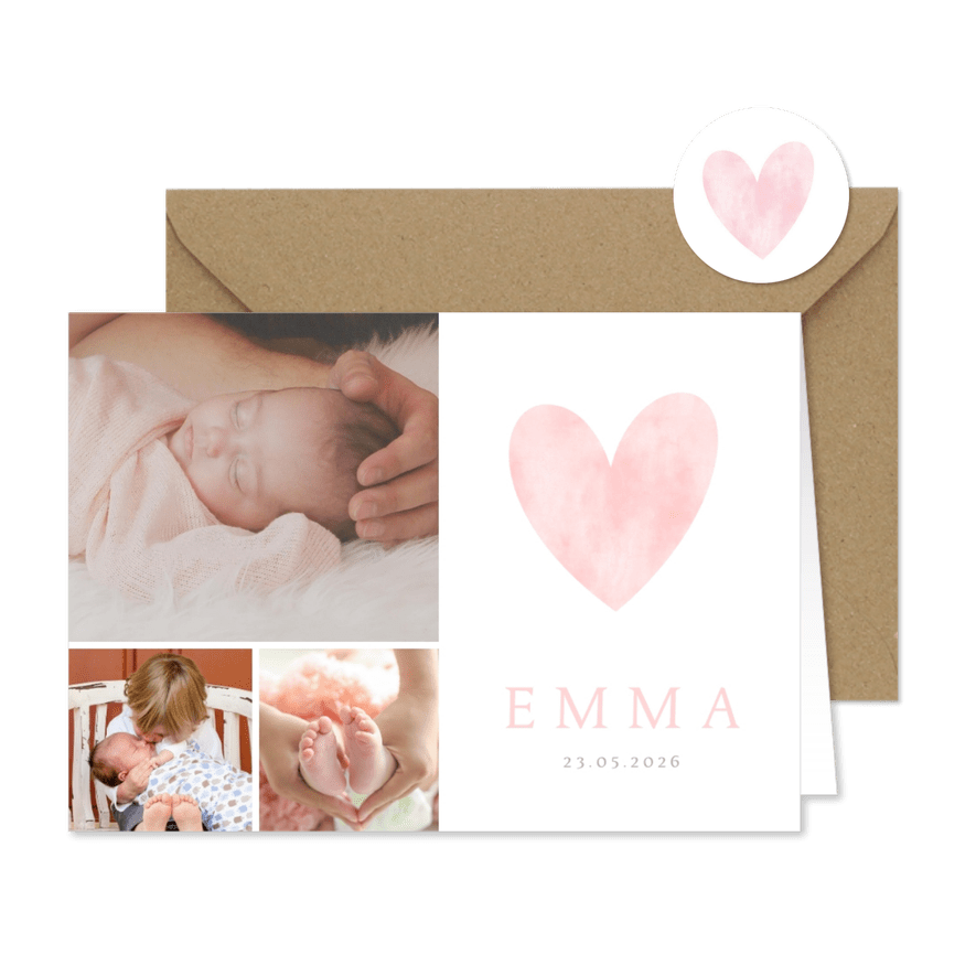 Geburtskarte Fotocollage rosa Herz Aquarell - Karteneindruck