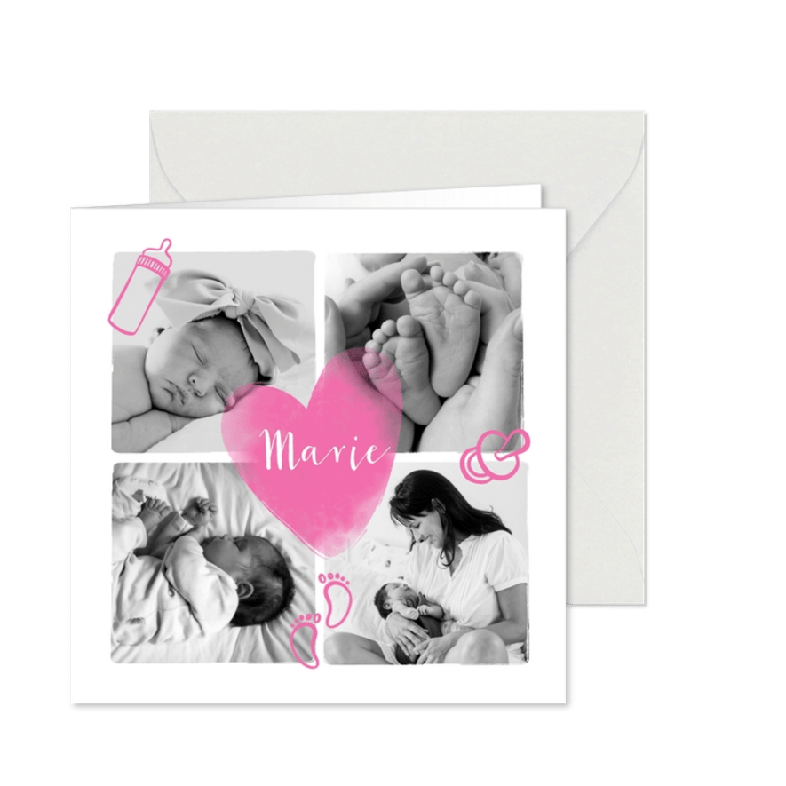 Geburtskarte Fotocollage rosa Herz und Icons - Karteneindruck
