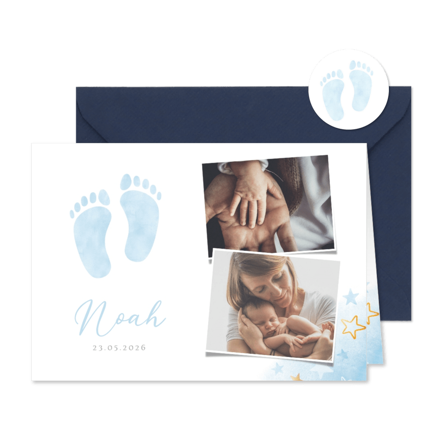Geburtskarte Fotos & blaue Fußspuren - Karteneindruck
