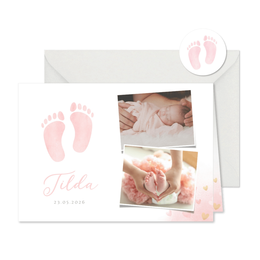 Geburtskarte Fotos & rosa Fußspuren - Karteneindruck
