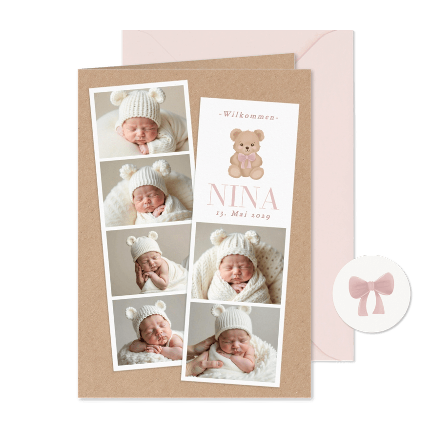 Geburtskarte Fotostrips rosa Teddybär - Kartenvorschau