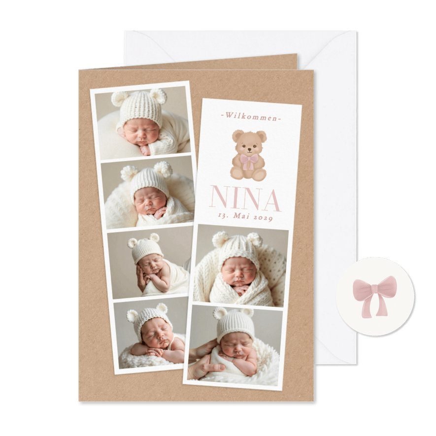 Geburtskarte Fotostrips rosa Teddybär - Karteneindruck
