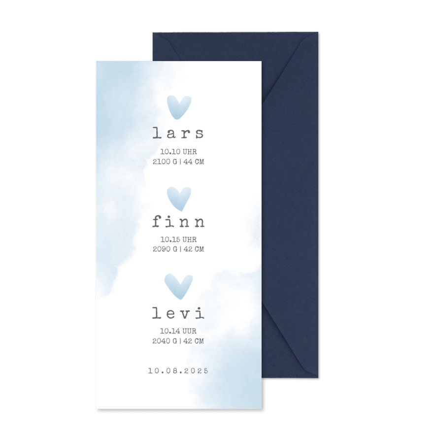 Geburtskarte für einen Drilling blaue Herzen - Karteneindruck