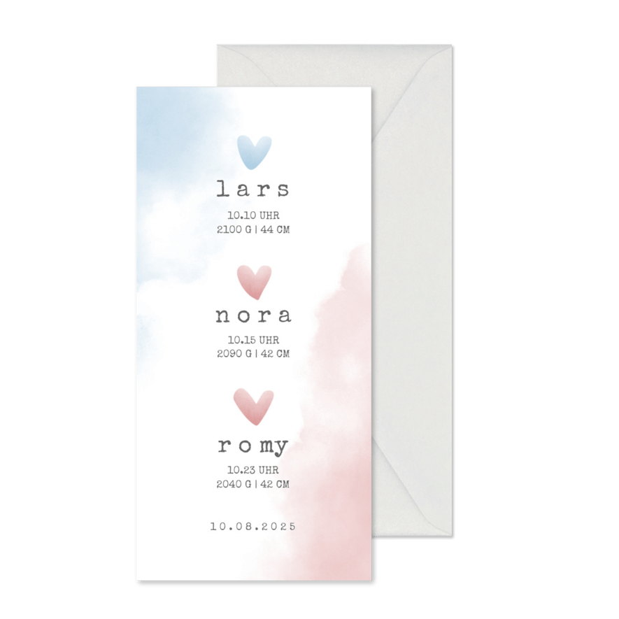 Geburtskarte für einen Drilling rosa-blaue Herzen - Karteneindruck